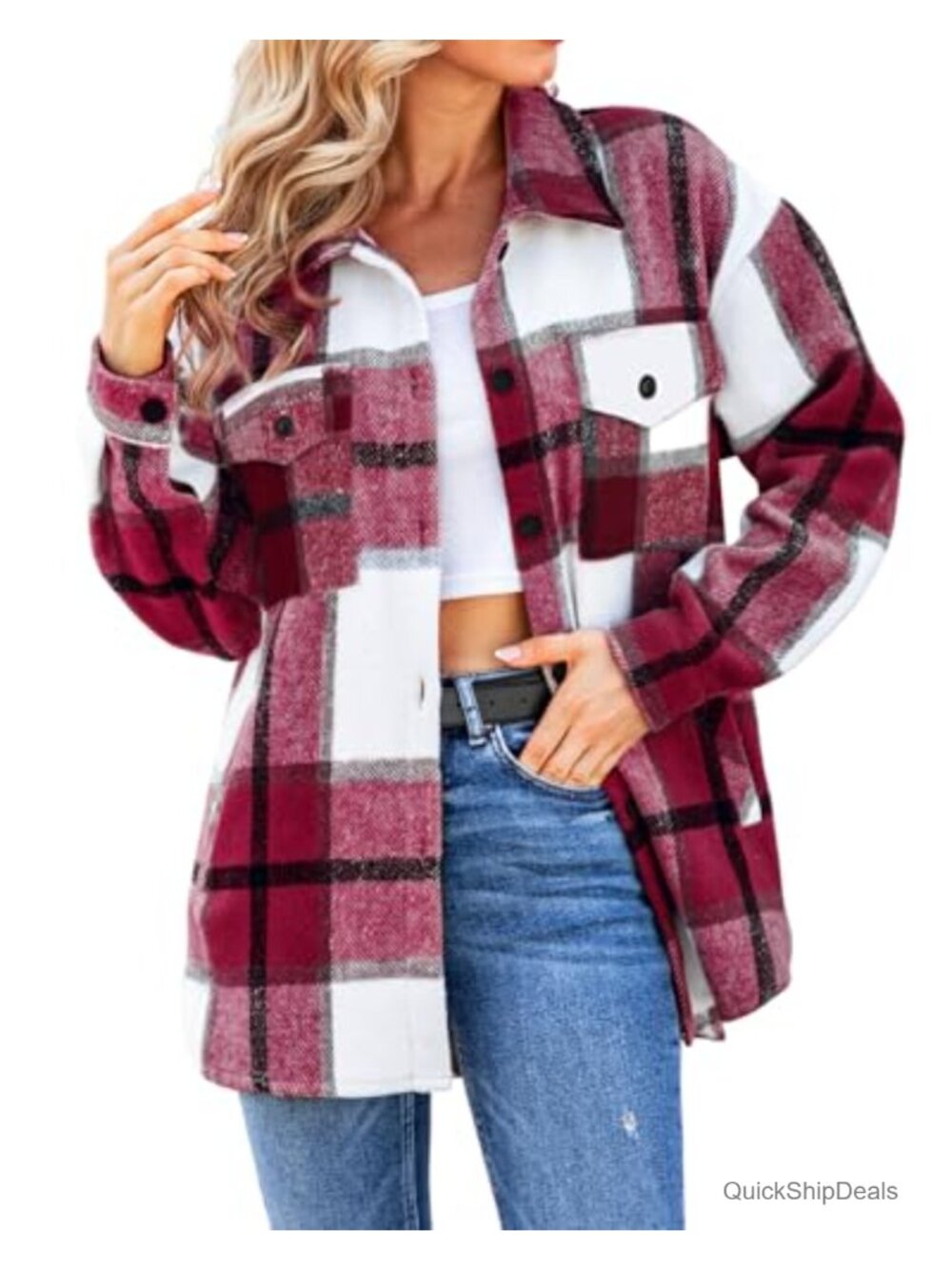 Women's Plaid Flannel Shacket - Button Down Jacket, Boyfriend Fit, Long Sleeve